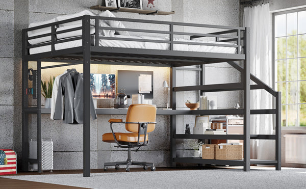English Elm Twin Xl Metal Loft Bed with Stair Storage Shelves Sturdy Steel Frame for Dorms W1580S00434