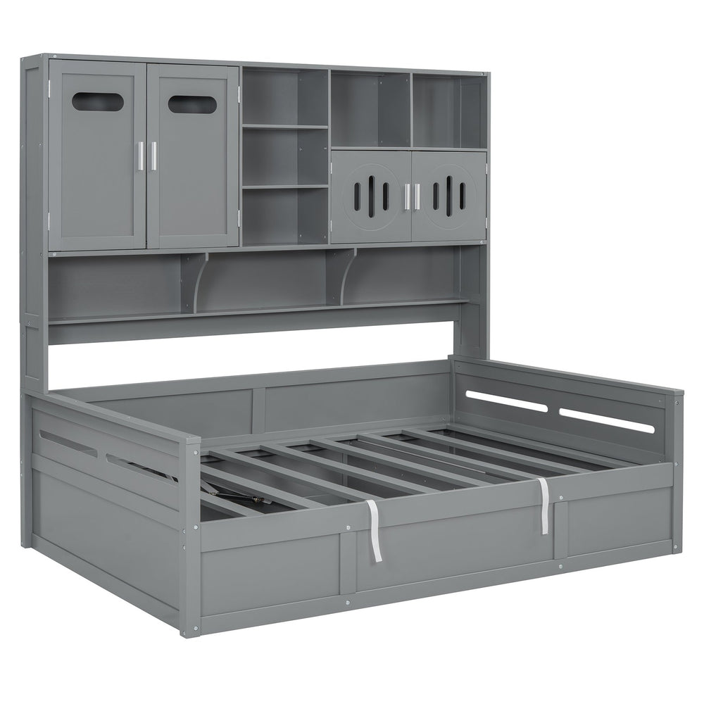 English Elm Full Size Wooden Daybed With Hydraulic Lift, Integrated Storage Cabinet & Shelves In Gray Finish N820S00047E