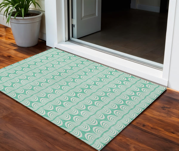 Homeroots 3' Aqua And Beige Ogee Washable Indoor Outdoor Area Rug - Durable, Stylish, And Easy To Maintain 3' X 5' Polyester 601644