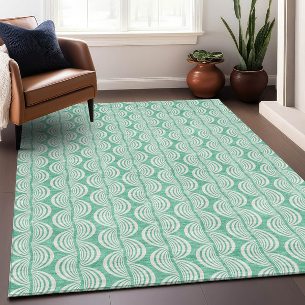 Homeroots 3' Aqua And Beige Ogee Washable Indoor Outdoor Area Rug - Durable, Stylish, And Easy To Maintain 8' X 10' Polyester 601647