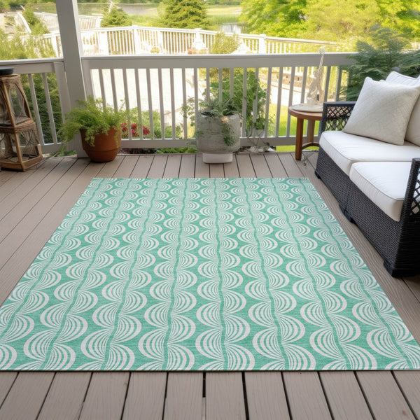 Homeroots 3' Aqua And Beige Ogee Washable Indoor Outdoor Area Rug - Durable, Stylish, And Easy To Maintain 10' X 14' Polyester 601649