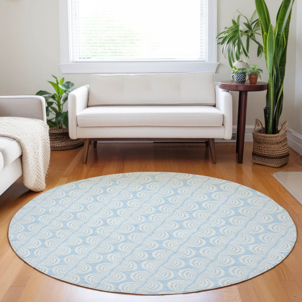 Homeroots 3' Aqua And Beige Ogee Washable Indoor Outdoor Area Rug - Durable, Stylish, And Easy To Maintain 8' Round Polyester 601652