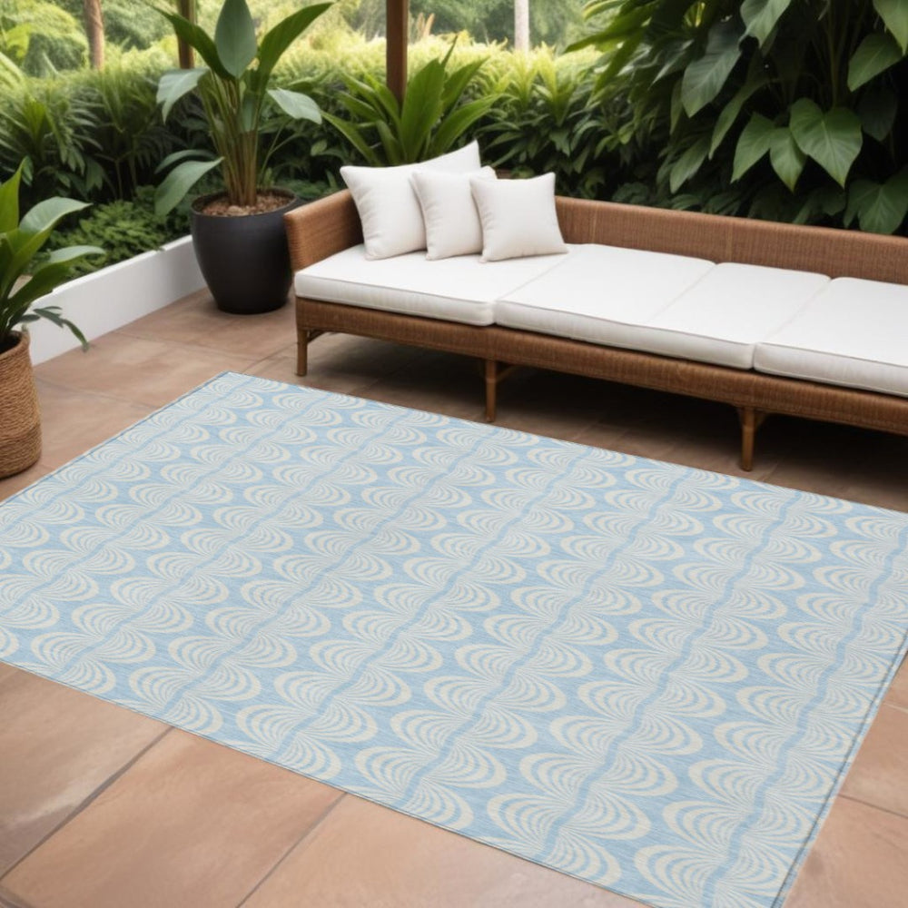 HomeRoots 5' Sky Blue and Beige Ogee Indoor Outdoor Area Rug - Durable, Easy-Care, Coastal Style for Any Space 8' X 10' 601653