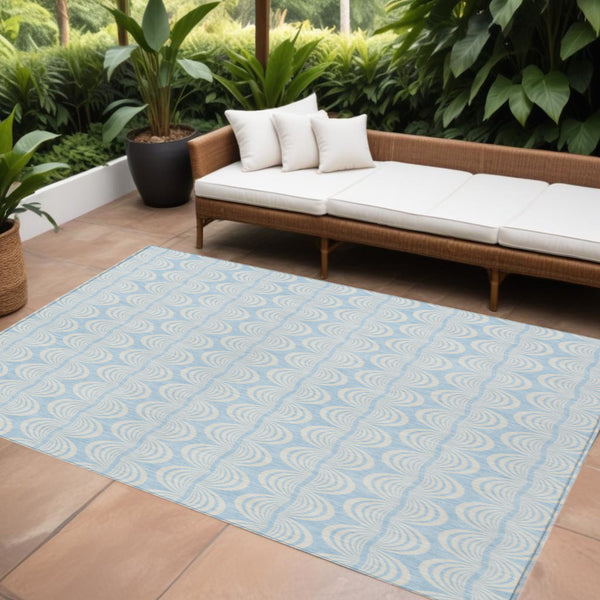 Homeroots 3' Aqua And Beige Ogee Washable Indoor Outdoor Area Rug - Durable, Stylish, And Easy To Maintain 10' X 14' Polyester 601655