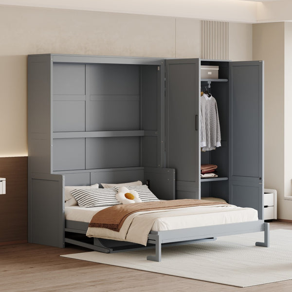 HomeRoots Gray Wood Queen Murphy Bed – Space-Saving, Stylish Cabinet Design for Modern Guest Rooms & Studios 601668