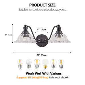 English Elm 20 Inch 2-Light Vintage Bathroom Wall Sconce - Black Iron & Glass Vanity Light for Mirror, Hallway, Bedroom, Hardwired Elegance W1340P284600