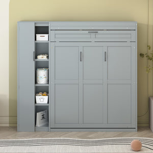 HomeRoots Gray Wood Full Murphy Bed with Integrated LED Lighting & USB Charging for Space-Saving Comfort 601674