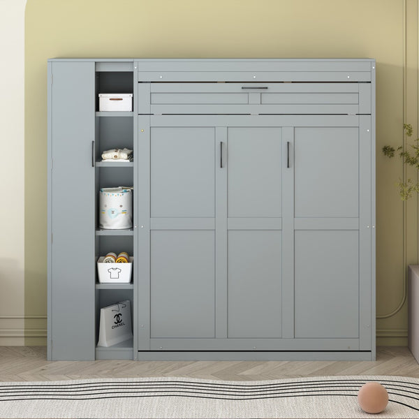 HomeRoots Gray Wood Full Murphy Bed with Integrated LED Lighting & USB Charging for Space-Saving Comfort 601674