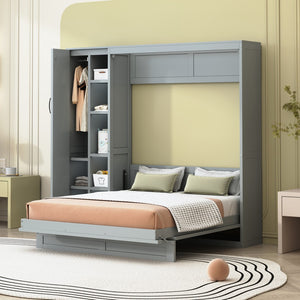 HomeRoots Gray Wood Full Murphy Bed with Integrated LED Lighting & USB Charging for Space-Saving Comfort 601674
