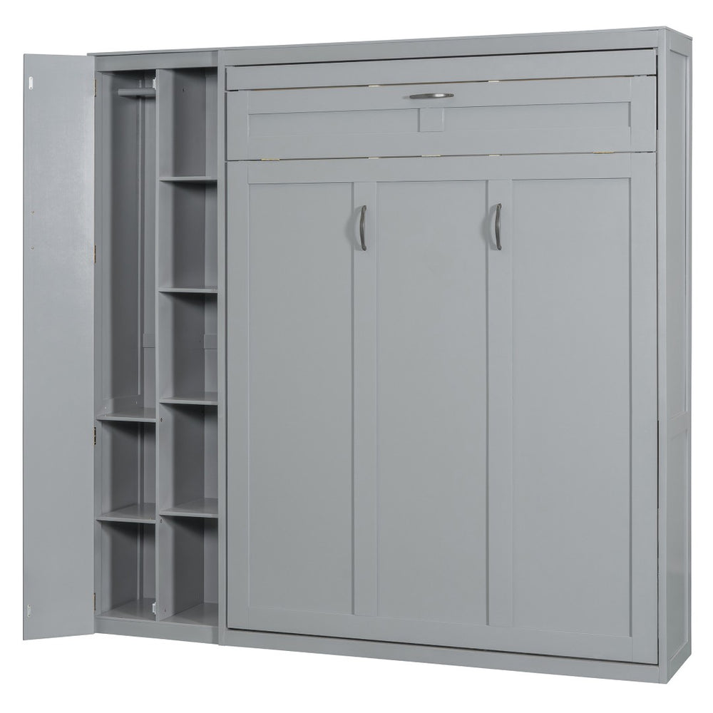 HomeRoots Gray Wood Full Murphy Bed with Integrated LED Lighting & USB Charging for Space-Saving Comfort 601674