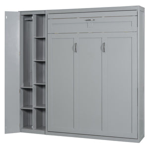 HomeRoots Gray Wood Full Murphy Bed with Integrated LED Lighting & USB Charging for Space-Saving Comfort 601674