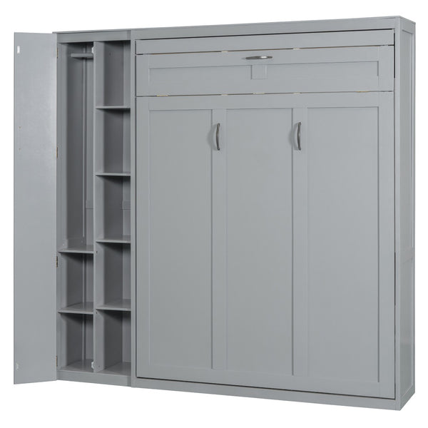 HomeRoots Gray Wood Full Murphy Bed with Integrated LED Lighting & USB Charging for Space-Saving Comfort 601674