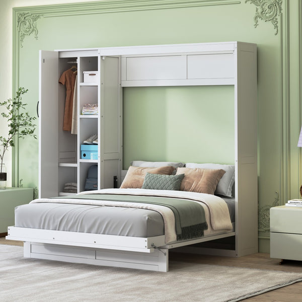 HomeRoots White Wood Full Murphy Bed with Integrated LED Lights, USB Charging & Space-Saving Design for Small Rooms 601675