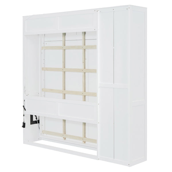 HomeRoots White Wood Full Murphy Bed with Integrated LED Lights, USB Charging & Space-Saving Design for Small Rooms 601675