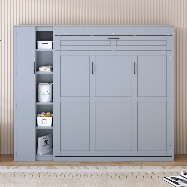 HomeRoots Gray Wood Queen Murphy Bed with Space-Saving Design, LED Lighting & USB Charging for Modern Living 601676