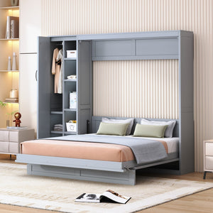 HomeRoots Gray Wood Queen Murphy Bed with Space-Saving Design, LED Lighting & USB Charging for Modern Living 601676
