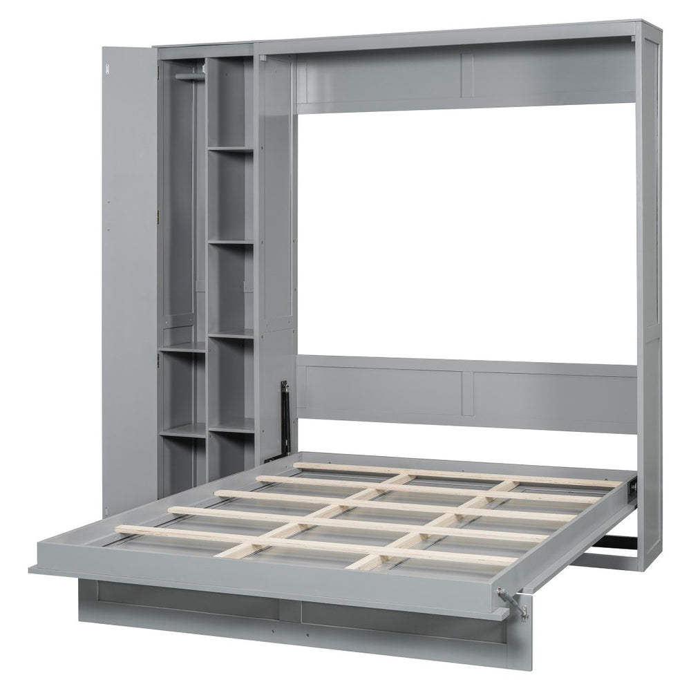 HomeRoots Gray Wood Queen Murphy Bed with Space-Saving Design, LED Lighting & USB Charging for Modern Living 601676