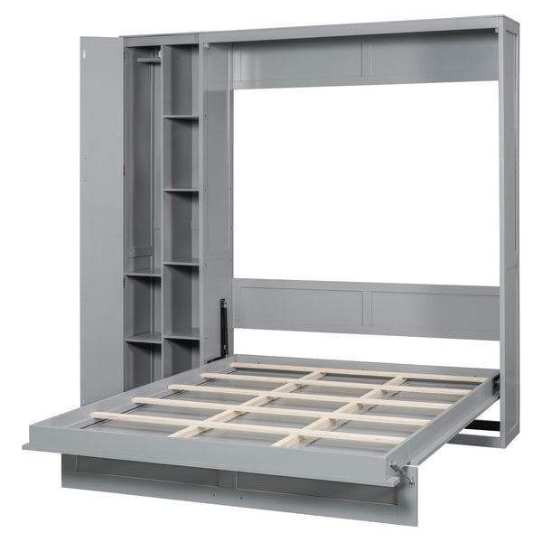 HomeRoots Gray Wood Queen Murphy Bed with Space-Saving Design, LED Lighting & USB Charging for Modern Living 601676