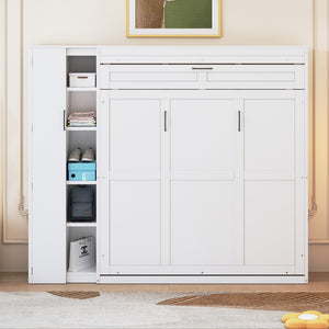 HomeRoots White Wood Queen Murphy Bed with Integrated LED Lights & USB Charging for Modern Living Spaces 601677
