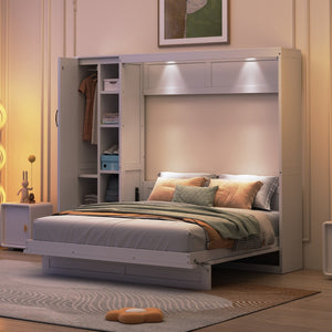 HomeRoots White Wood Queen Murphy Bed with Integrated LED Lights & USB Charging for Modern Living Spaces 601677