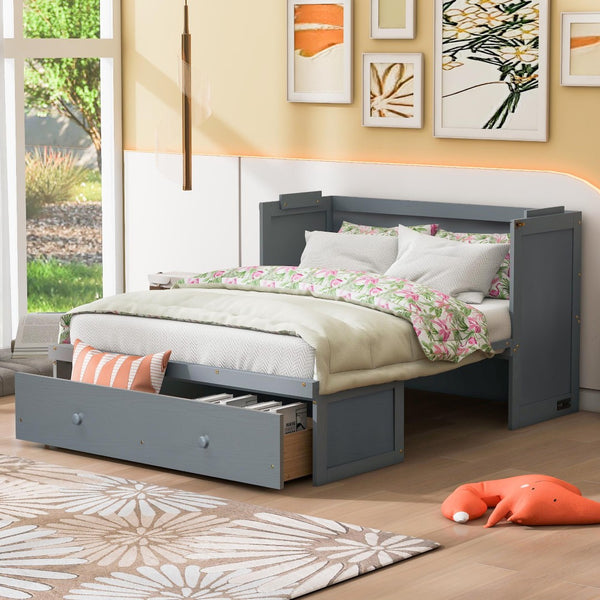 HomeRoots Gray Wood Full Murphy Bed with USB Charging – Space-Saving Design, Durable, and Stylish for Any Room 601680