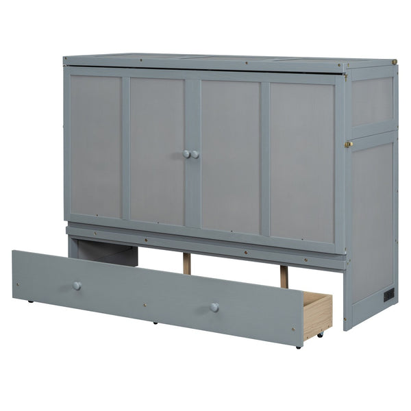 HomeRoots Gray Wood Queen Murphy Bed with USB Port – Stylish Space-Saving Design for Guest Rooms & Studios 601683