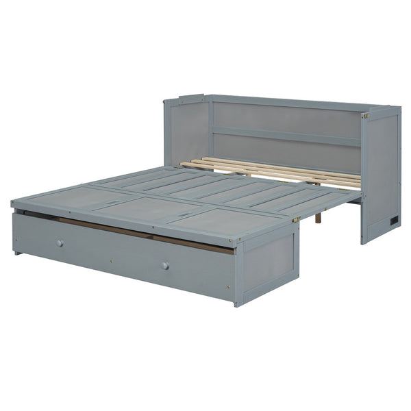 HomeRoots Gray Wood Queen Murphy Bed with USB Port – Stylish Space-Saving Design for Guest Rooms & Studios 601683