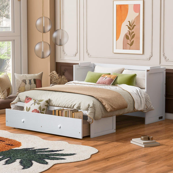 HomeRoots White Wood Queen Murphy Bed - Space-Saving Design with USB Port, Stylish & Functional for Small Rooms 601684