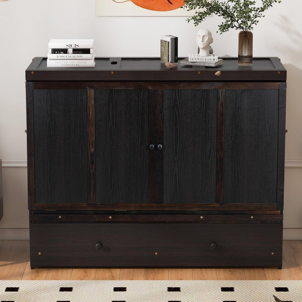 HomeRoots Espresso Wood Queen Murphy Bed with USB Charging – Stylish Space-Saving Design for Modern Living 601685