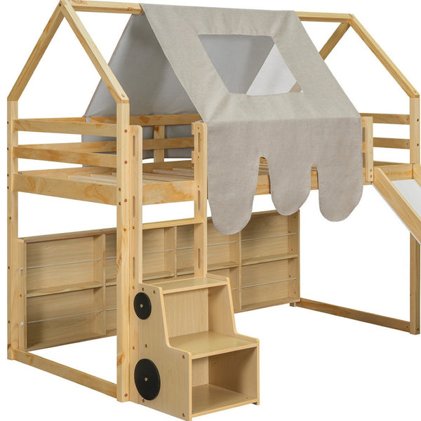 HomeRoots Natural Twin Loft Bed with Four-Poster Design, Slide, and Shelves for Kids’ Cozy Spaces 601690