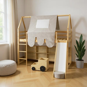 HomeRoots Natural Twin Loft Bed with Four-Poster Design, Slide, and Shelves for Kids’ Cozy Spaces 601690