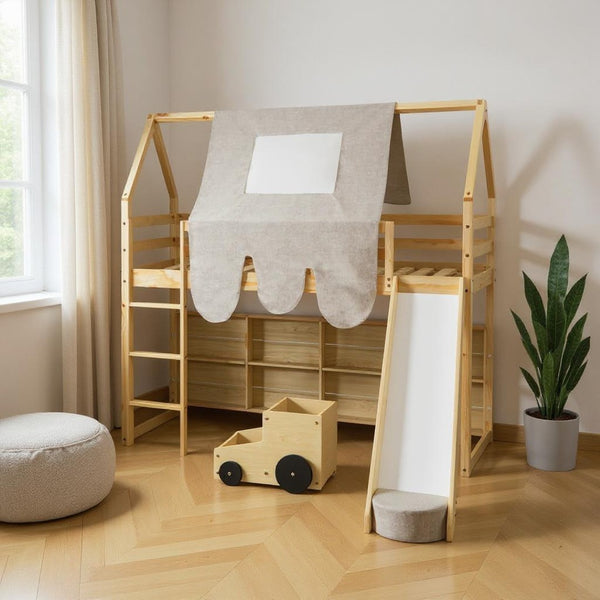 HomeRoots Natural Twin Loft Bed with Four-Poster Design, Slide, and Shelves for Kids’ Cozy Spaces 601690