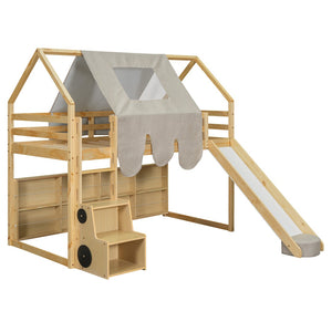 HomeRoots Natural Twin Loft Bed with Four-Poster Design, Slide, and Shelves for Kids’ Cozy Spaces 601690