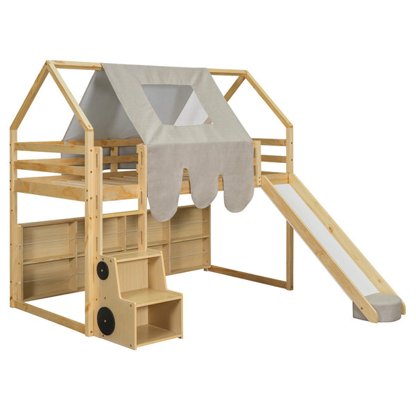 HomeRoots Natural Twin Loft Bed with Four-Poster Design, Slide, and Shelves for Kids’ Cozy Spaces 601690