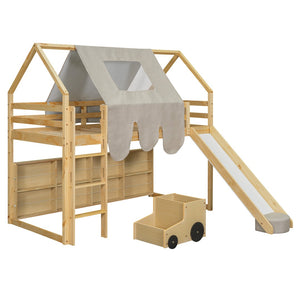 HomeRoots Natural Twin Loft Bed with Four-Poster Design, Slide, and Shelves for Kids’ Cozy Spaces 601690