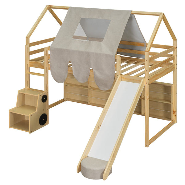 HomeRoots Natural Twin Loft Bed with Four-Poster Design, Slide, and Shelves for Kids’ Cozy Spaces 601690