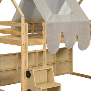 HomeRoots Natural Twin Loft Bed with Four-Poster Design, Slide, and Shelves for Kids’ Cozy Spaces 601690