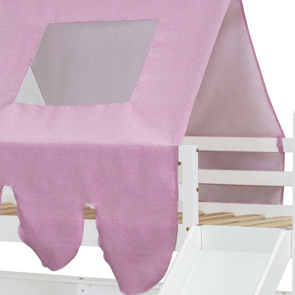 HomeRoots White Four Poster Twin Loft Bed with Slide, Shelving & Smart Space-Saving Design for Kids' Rooms 601691