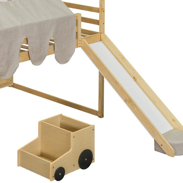 HomeRoots Natural Four Poster Loft Bed with Fun Slide, Open Shelves, Durable Rubberwood & Space-Saving Design 601692