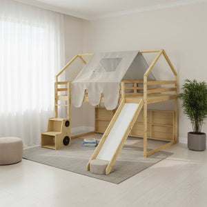 HomeRoots Natural Four Poster Loft Bed with Fun Slide, Open Shelves, Durable Rubberwood & Space-Saving Design 601692
