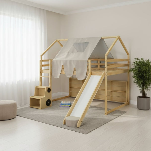 HomeRoots Natural Four Poster Loft Bed with Fun Slide, Open Shelves, Durable Rubberwood & Space-Saving Design 601692