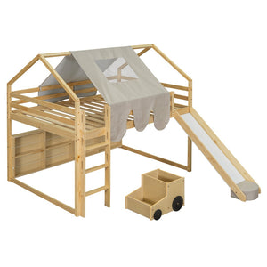 HomeRoots Natural Four Poster Loft Bed with Fun Slide, Open Shelves, Durable Rubberwood & Space-Saving Design 601692