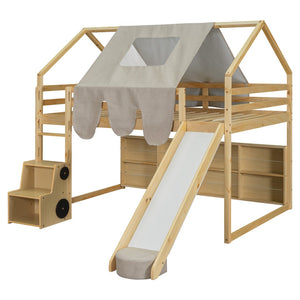 HomeRoots Natural Four Poster Loft Bed with Fun Slide, Open Shelves, Durable Rubberwood & Space-Saving Design 601692