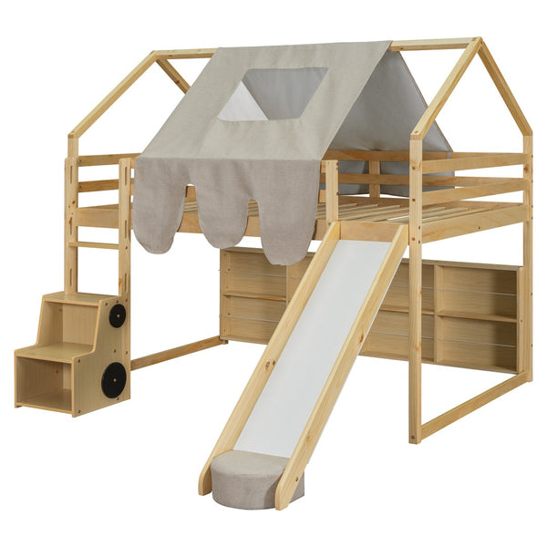 HomeRoots Natural Four Poster Loft Bed with Fun Slide, Open Shelves, Durable Rubberwood & Space-Saving Design 601692