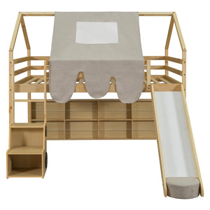 HomeRoots Natural Four Poster Loft Bed with Fun Slide, Open Shelves, Durable Rubberwood & Space-Saving Design 601692