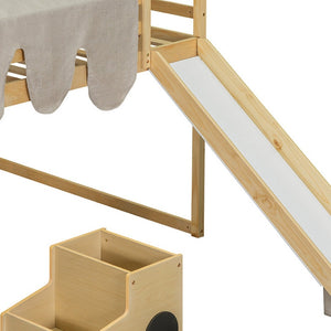 HomeRoots Natural Four Poster Loft Bed with Fun Slide, Open Shelves, Durable Rubberwood & Space-Saving Design 601692