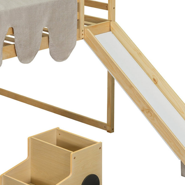 HomeRoots Natural Four Poster Loft Bed with Fun Slide, Open Shelves, Durable Rubberwood & Space-Saving Design 601692