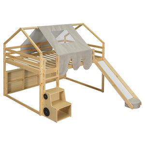 HomeRoots Natural Four Poster Loft Bed with Fun Slide, Open Shelves, Durable Rubberwood & Space-Saving Design 601692