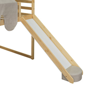 HomeRoots Natural Four Poster Loft Bed with Fun Slide, Open Shelves, Durable Rubberwood & Space-Saving Design 601692