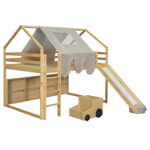 HomeRoots Natural Four Poster Loft Bed with Fun Slide, Open Shelves, Durable Rubberwood & Space-Saving Design 601692